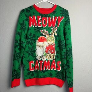 Party Sweater Meowy Catmas Ugly Christmas Sweater‎ Green Red Holiday Small S